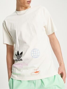 Adidas “Made with Nature” Multi Logo Tee in Ivory White 100% Organic Cotton
